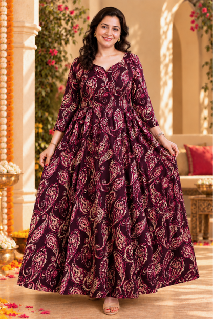 Plum Paisley Foiled Dress With Pockets