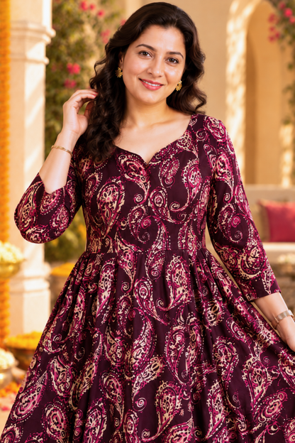 Plum Paisley Foiled Dress With Pockets
