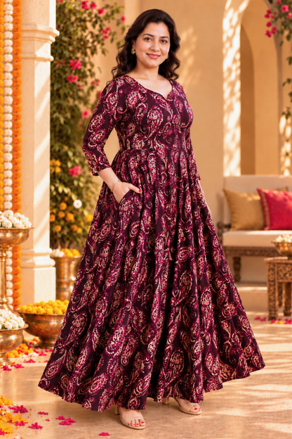 Plum Paisley Foiled Dress With Pockets