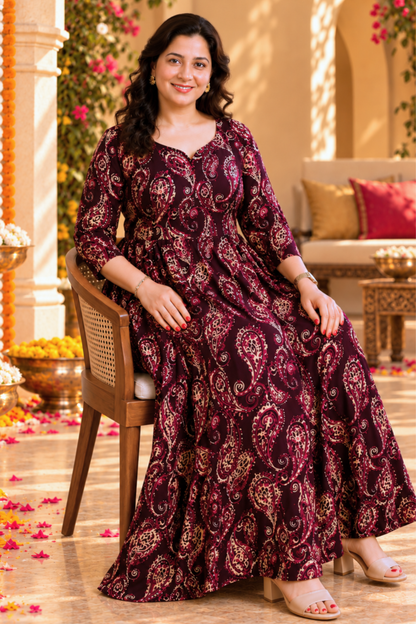Plum Paisley Foiled Dress With Pockets
