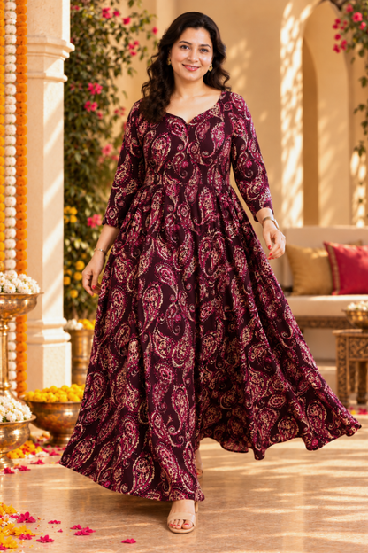 Plum Paisley Foiled Dress With Pockets