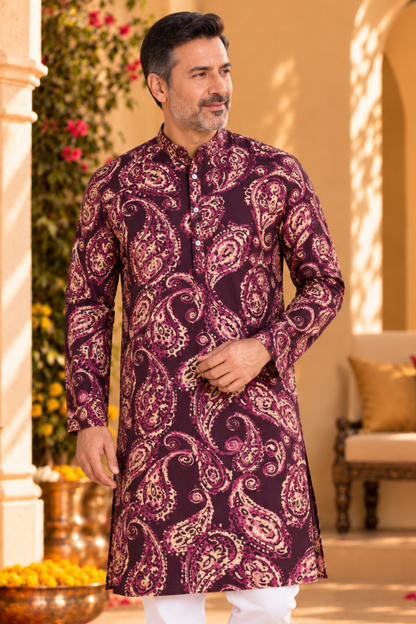 Plum Paisley Printed Rayon Kurta