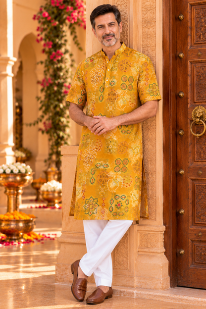 Mustard Bloom foiled Festive Kurta