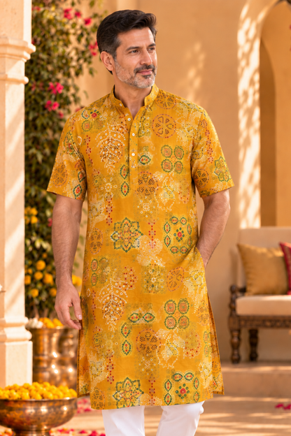 Mustard Bloom foiled Festive Kurta