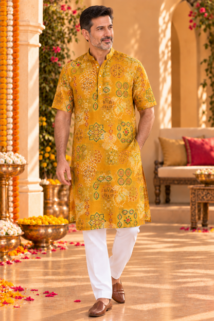 Mustard Bloom foiled Festive Kurta
