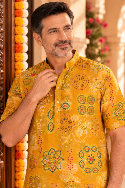 Mustard Bloom foiled Festive Kurta