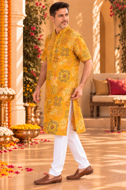 Mustard Bloom foiled Festive Kurta