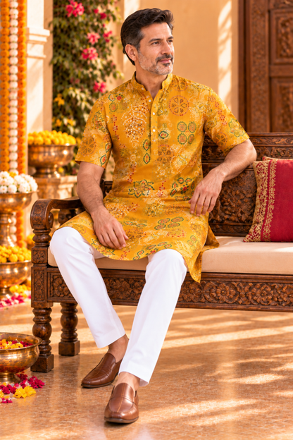 Mustard Bloom foiled Festive Kurta