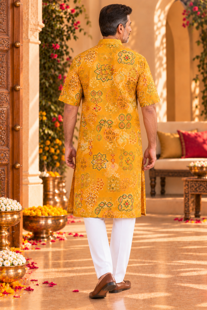 Mustard Bloom foiled Festive Kurta