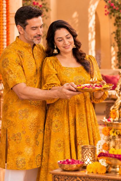 Mustard Bloom foiled Rayon Couple Outfit