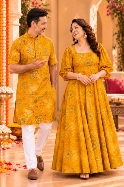 Mustard Bloom foiled Rayon Couple Outfit