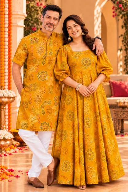 Mustard Bloom foiled Rayon Couple Outfit