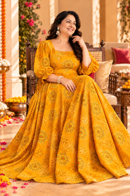 Mustard Bloom foiled Rayon Couple Outfit