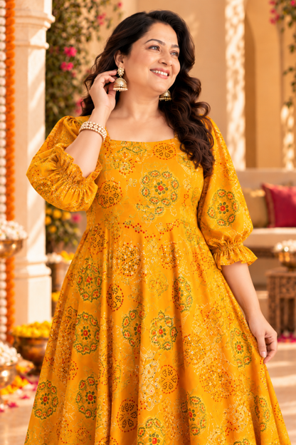Mustard Bloom foiled Rayon Couple Outfit