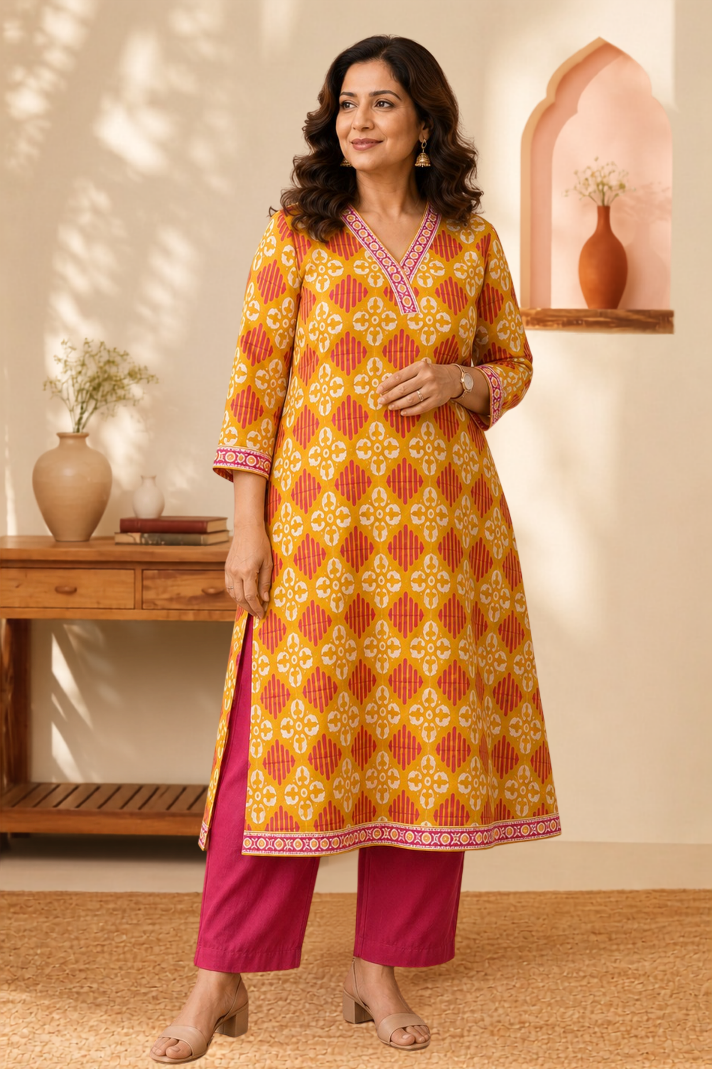 Mustard Geometry A-line Cotton Kurta