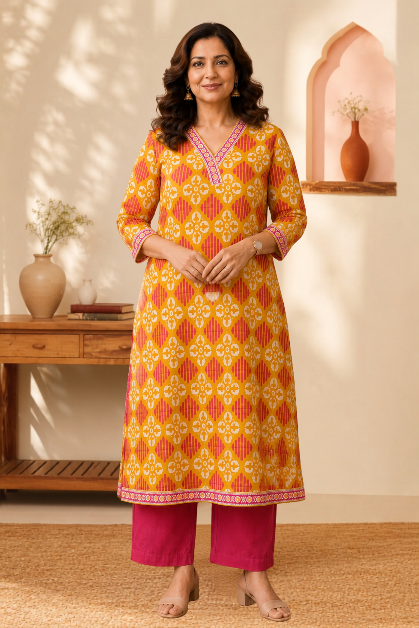 Mustard Geometry A-line Cotton Kurta