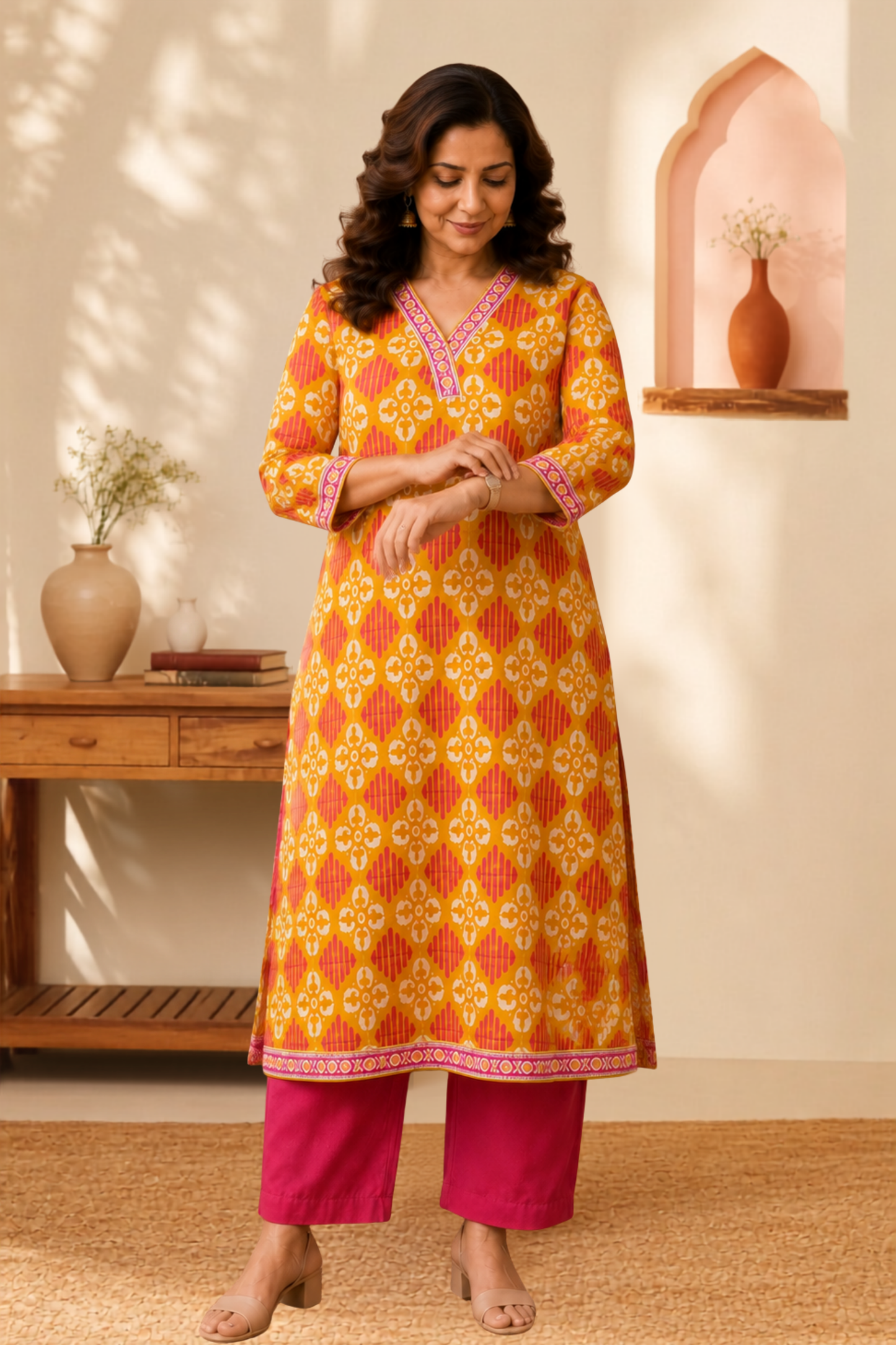 Mustard Geometry A-line Cotton Kurta