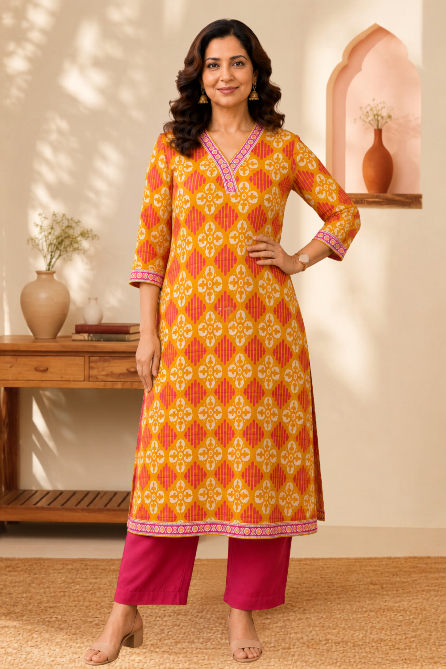 Mustard Geometry A-line Cotton Kurta