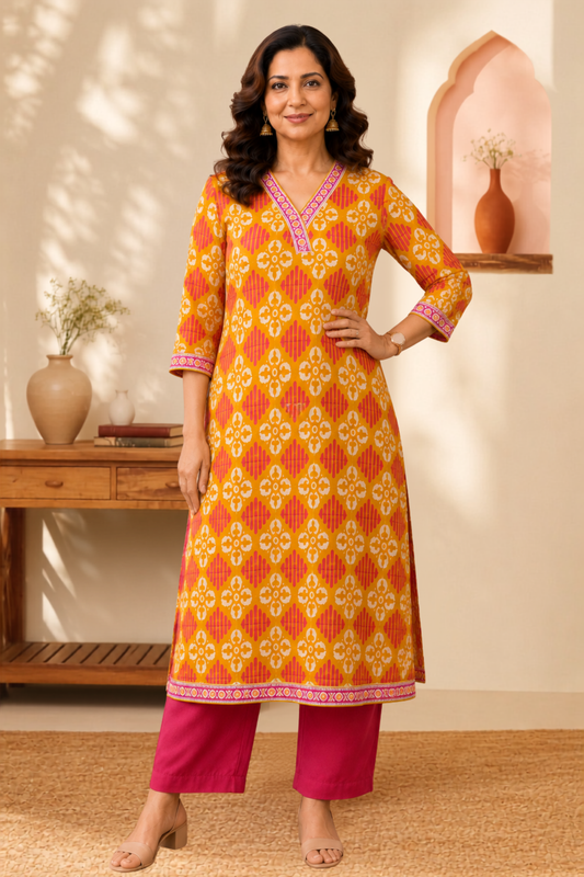 Mustard Geometry A-line Cotton Kurta