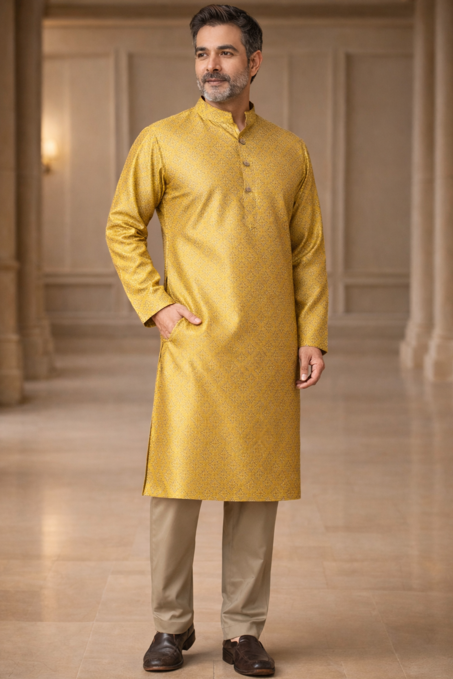 Mustard Gold Jacquard Kurta Pajama