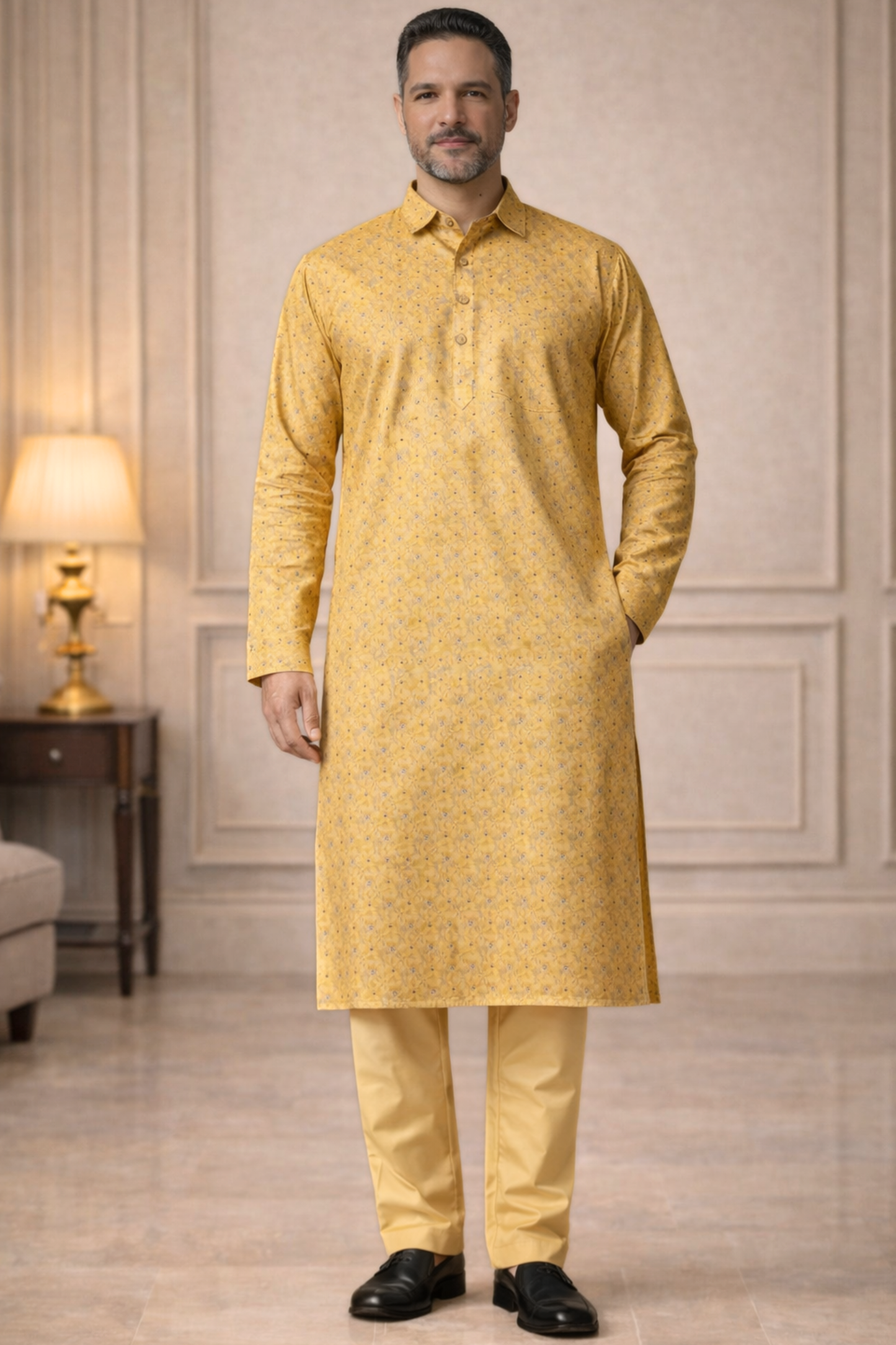 Mustard Gold Printed Kurta Pajama