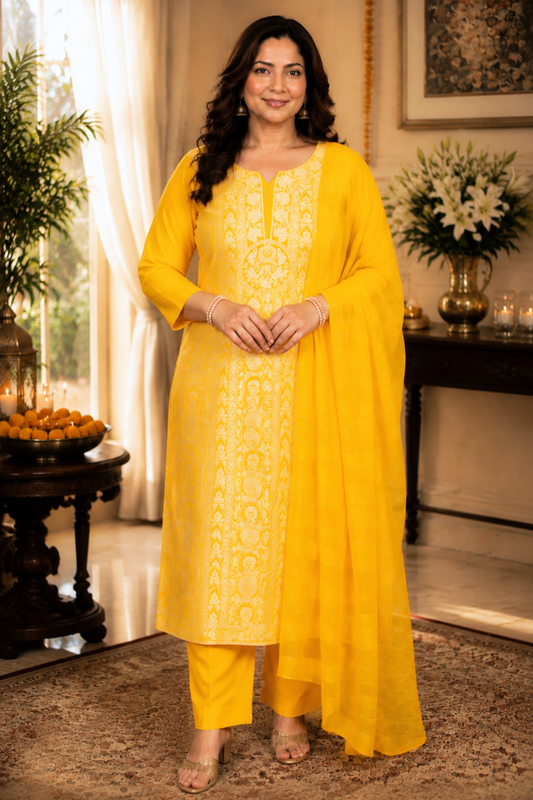 Mustard Gold Jacquard Linen Suit