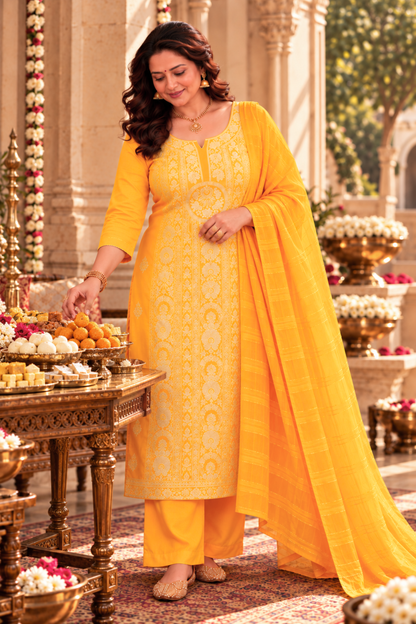 Mustard Gold Jacquard Linen Suit