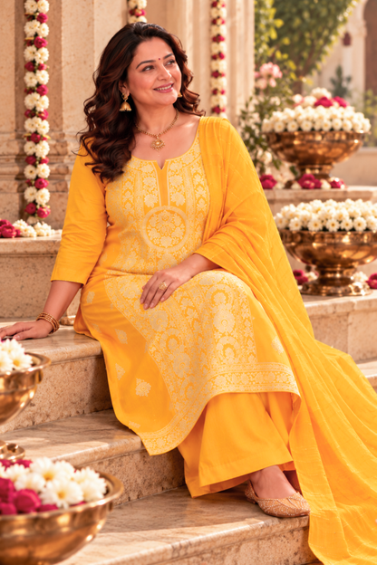 Mustard Gold Jacquard Linen Suit