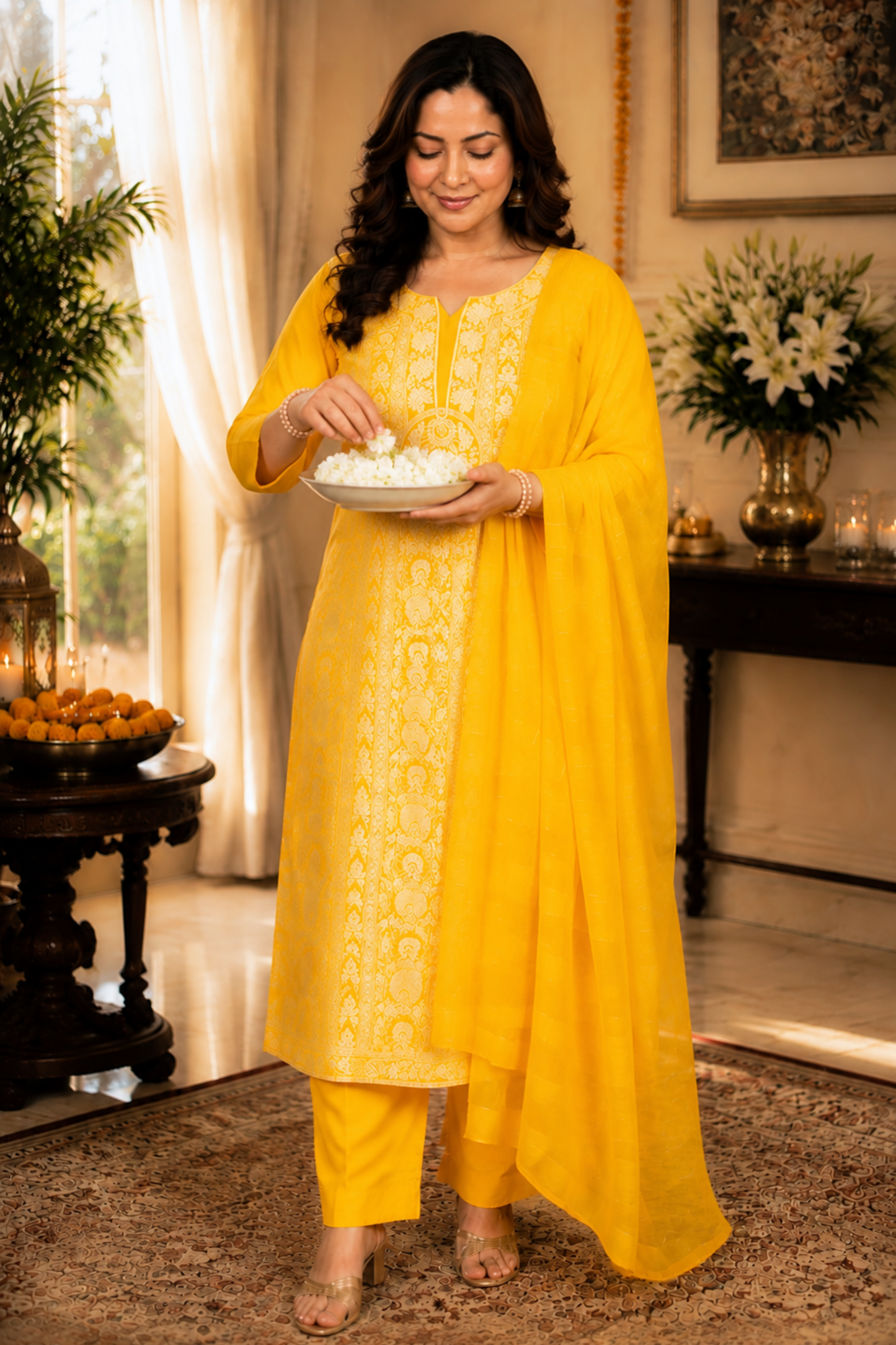 Mustard Gold Jacquard Linen Suit