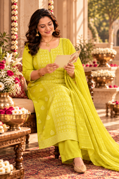 Mustard Olive Jacquard Linen Suit