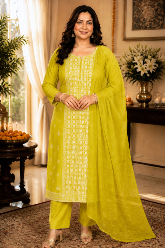 Mustard Olive Jacquard Linen Suit