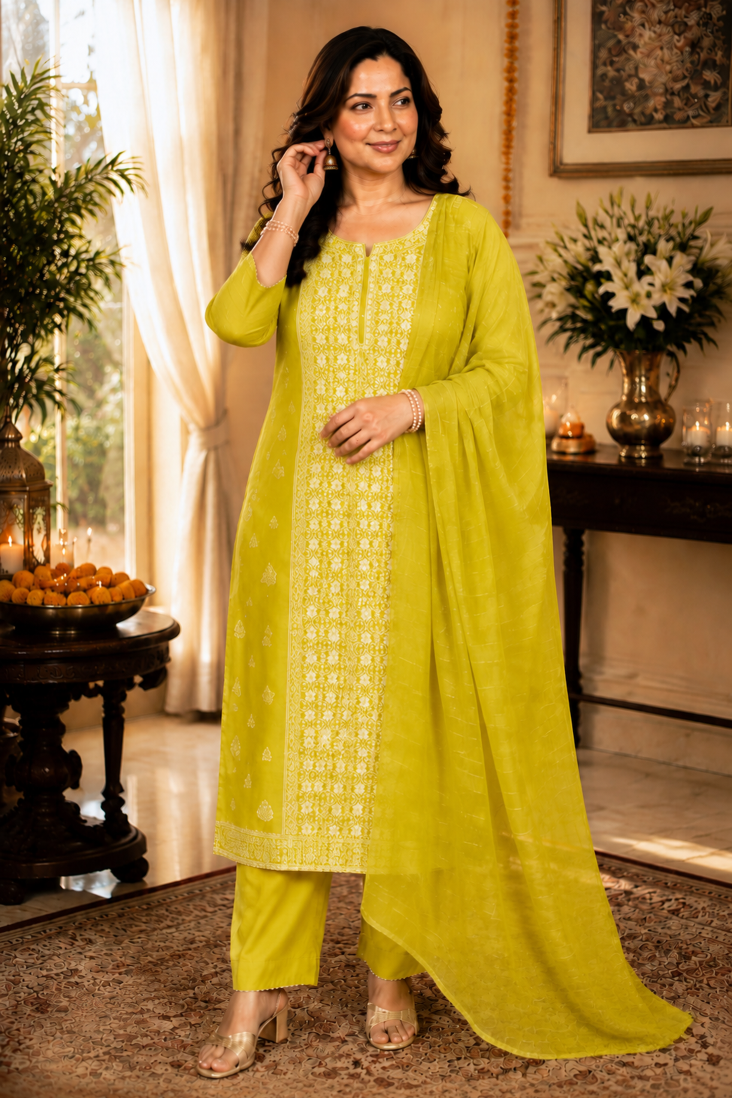 Mustard Olive Jacquard Linen Suit