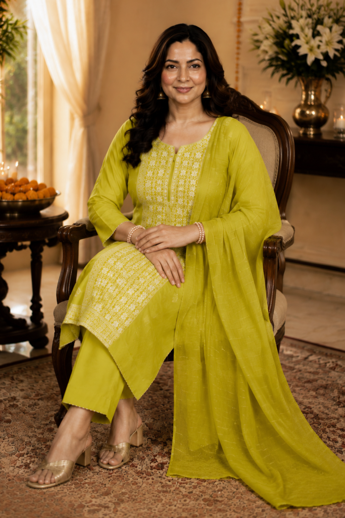 Mustard Olive Jacquard Linen Suit