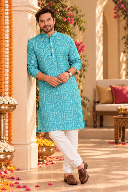 Mystic Aqua Foiled Festive Kurta