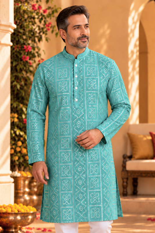 Mystic Aqua Foiled Festive Kurta