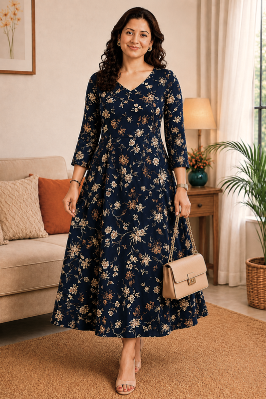 Navy Blossom Georgette Dress with Pockets