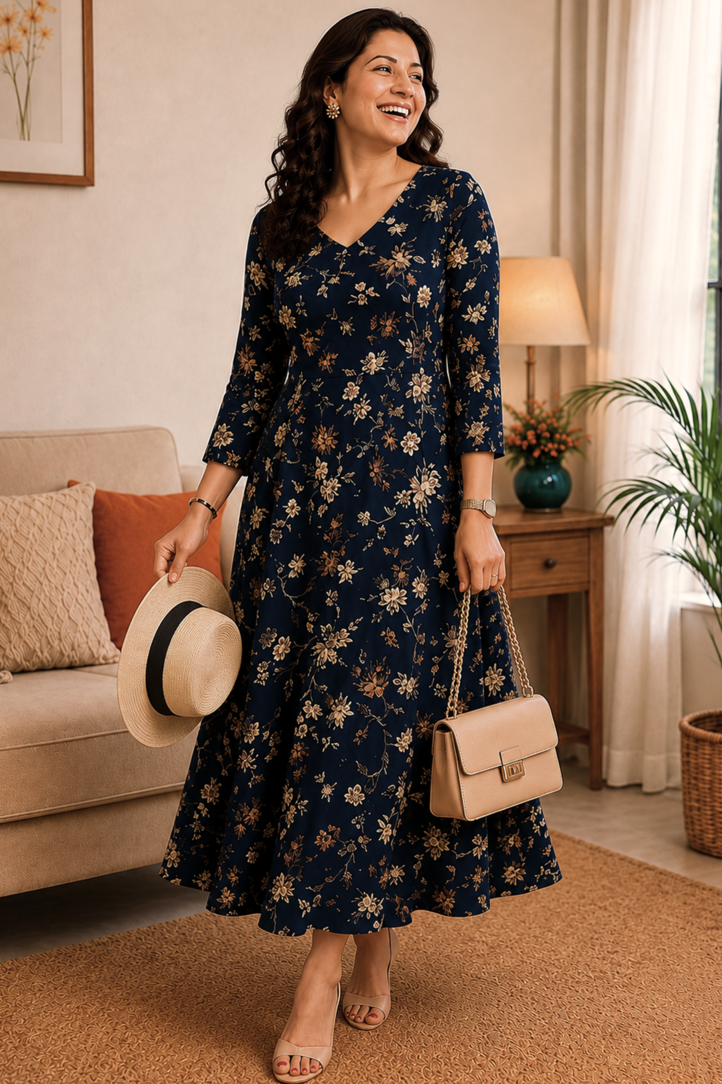 Navy Blossom Georgette Dress with Pockets