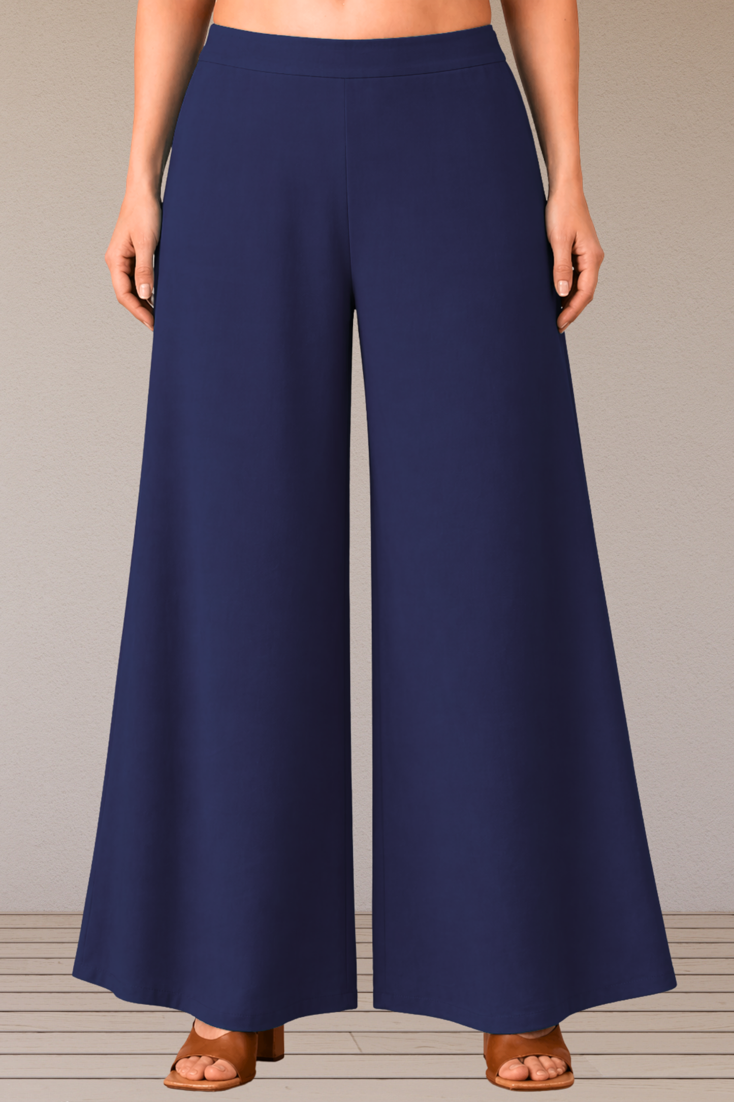 Navy Blue Belted Rayon Loose Palazzo