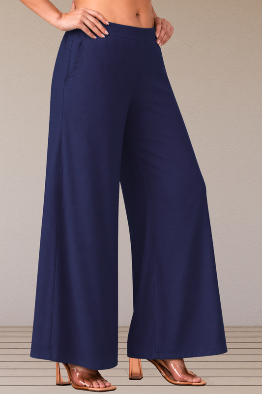 Navy Blue Belted Rayon Loose Palazzo
