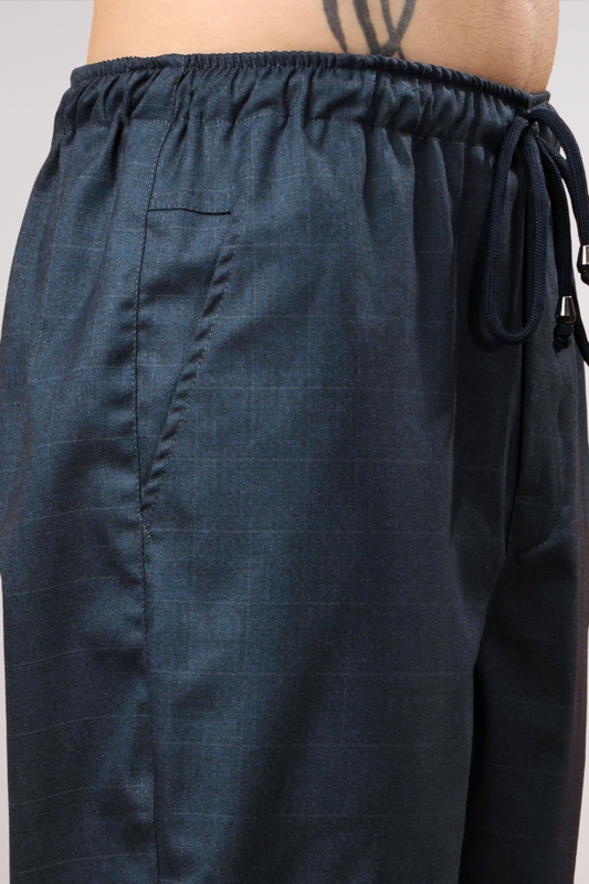 Navy Blue Checked Stretch Cargo - 2 Pocket