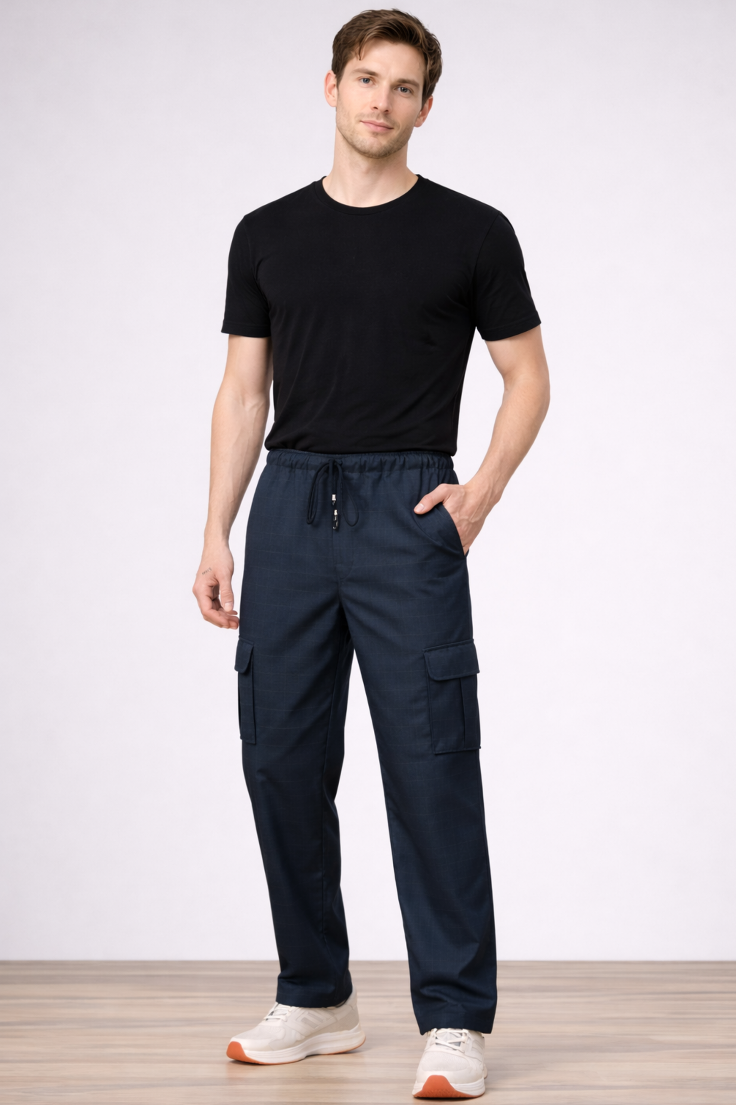 Navy Blue Checked Stretch Cargo - 4 Pocket