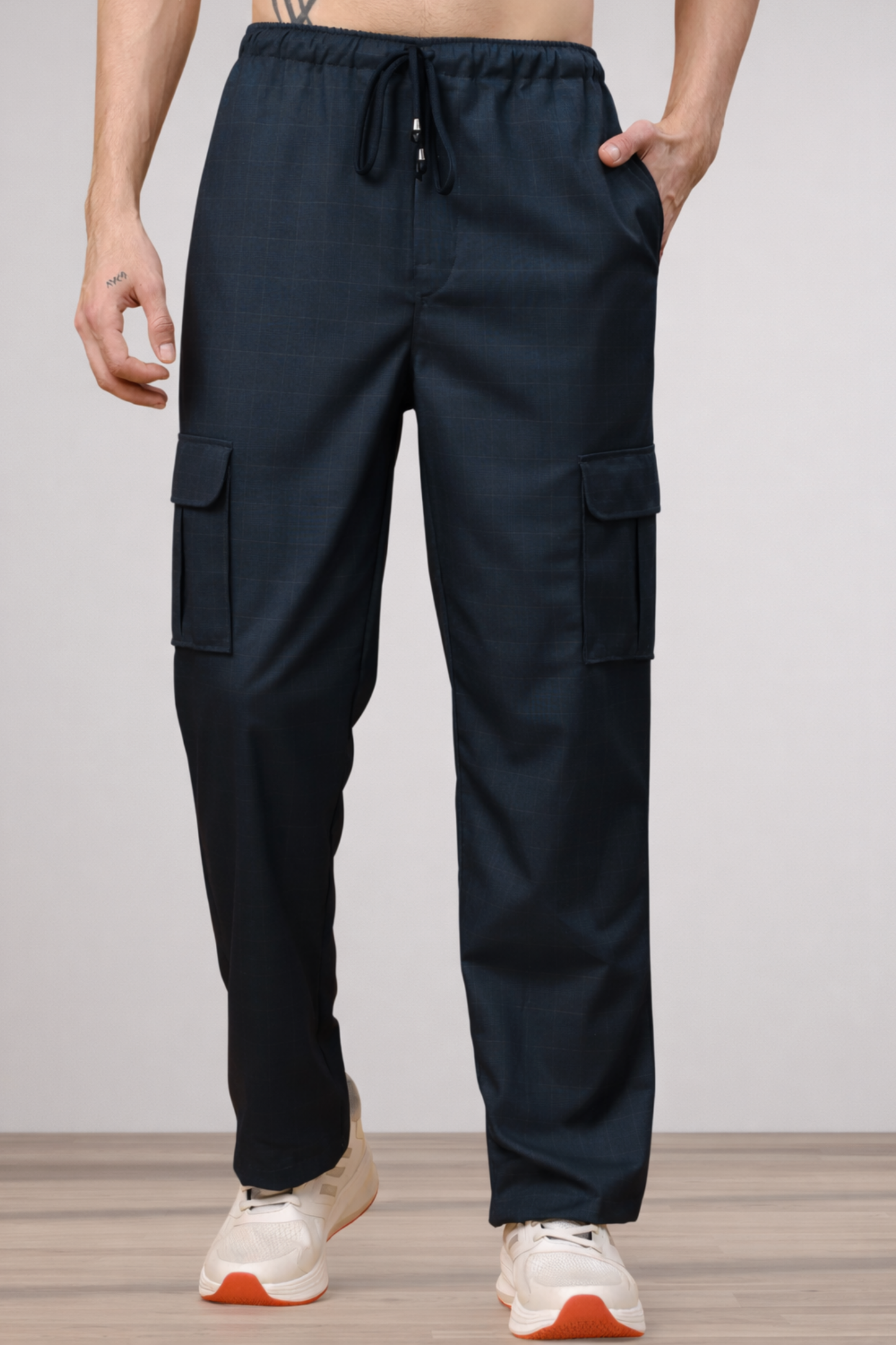 Navy Blue Checked Stretch Cargo - 4 Pocket
