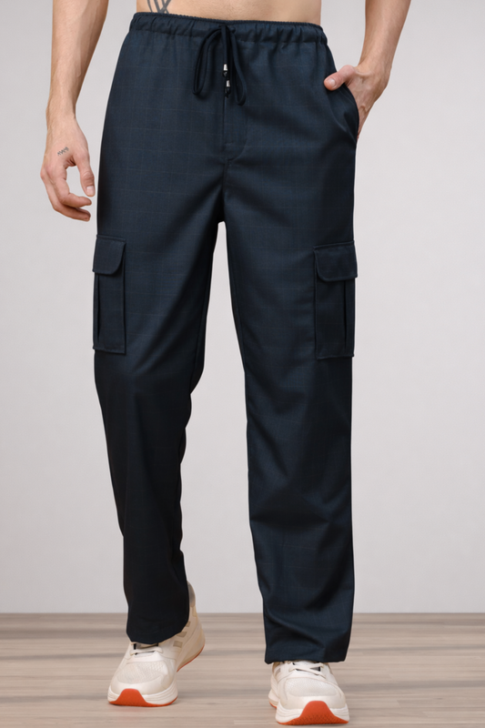 Navy Blue Checked Stretch Cargo - 4 Pocket