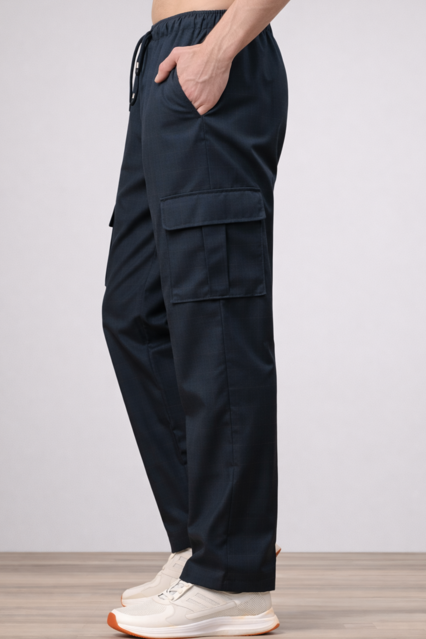 Navy Blue Checked Stretch Cargo - 4 Pocket