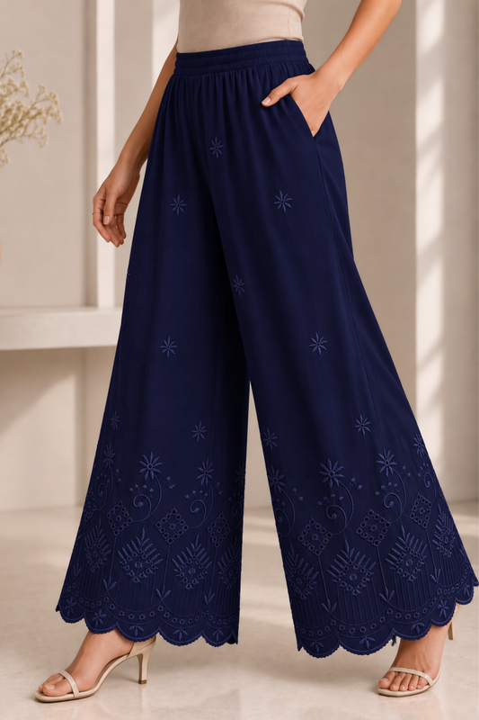 Navy Blue Chikankari Flared Palazzo Pant