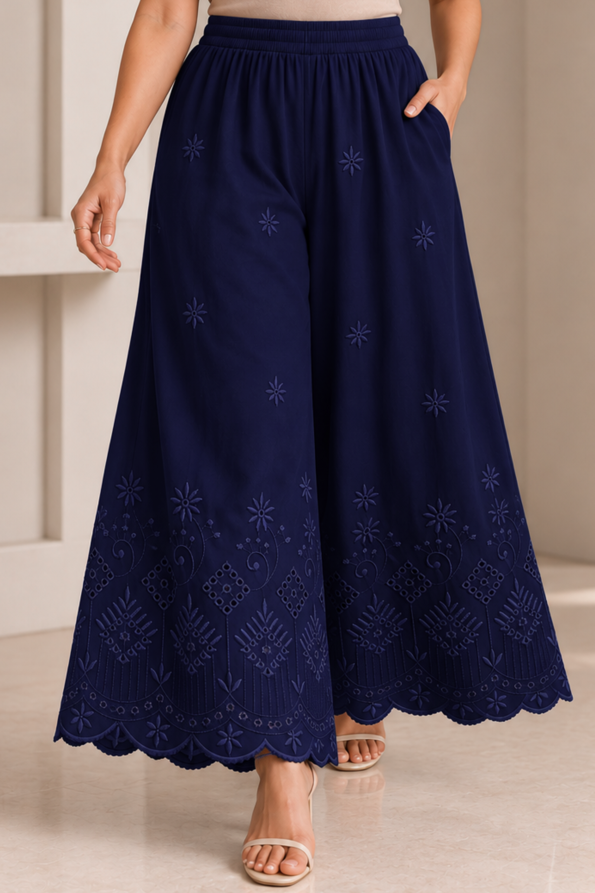 Navy Blue Chikankari Flared Palazzo Pant