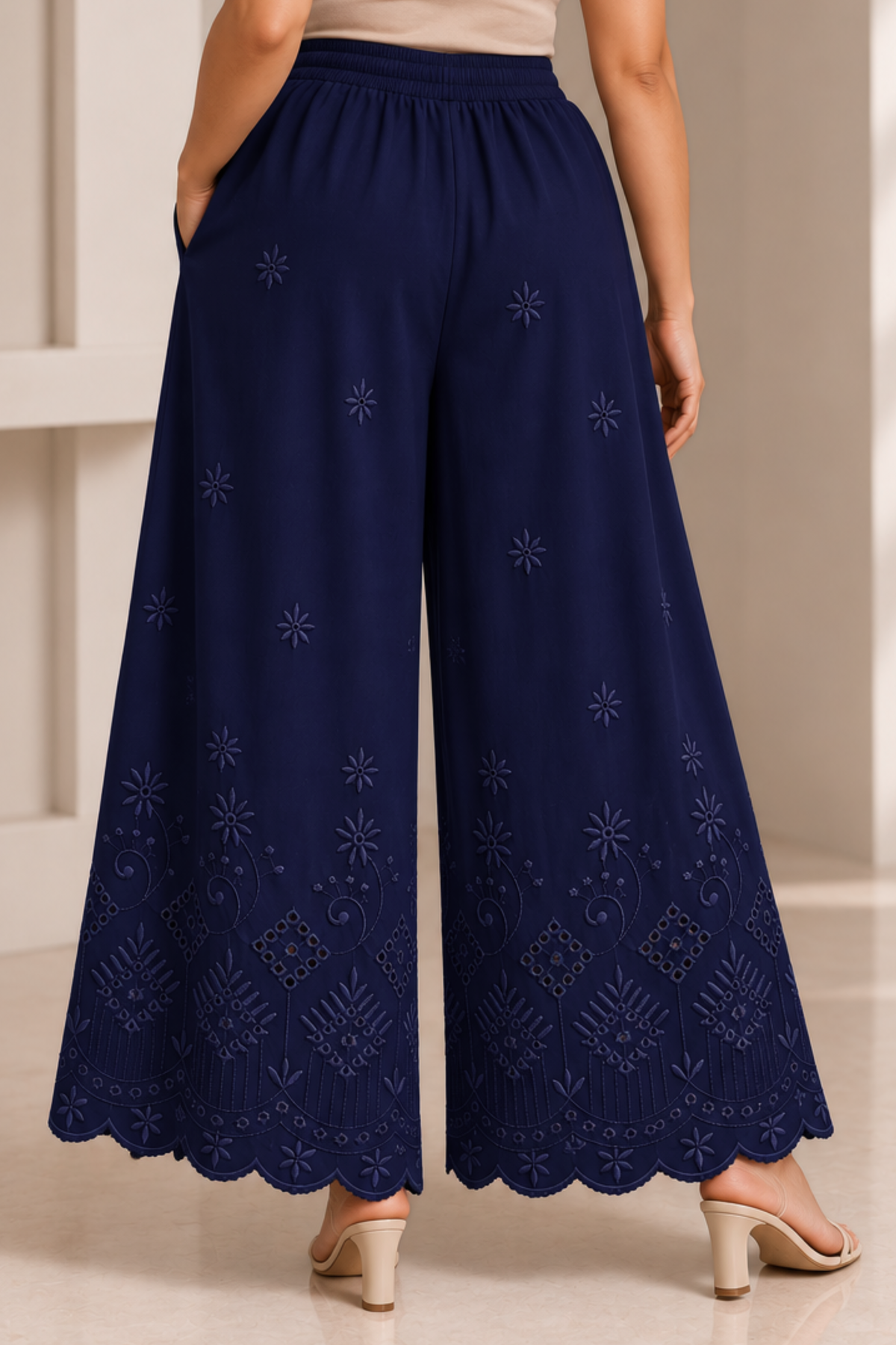 Navy Blue Chikankari Flared Palazzo Pant