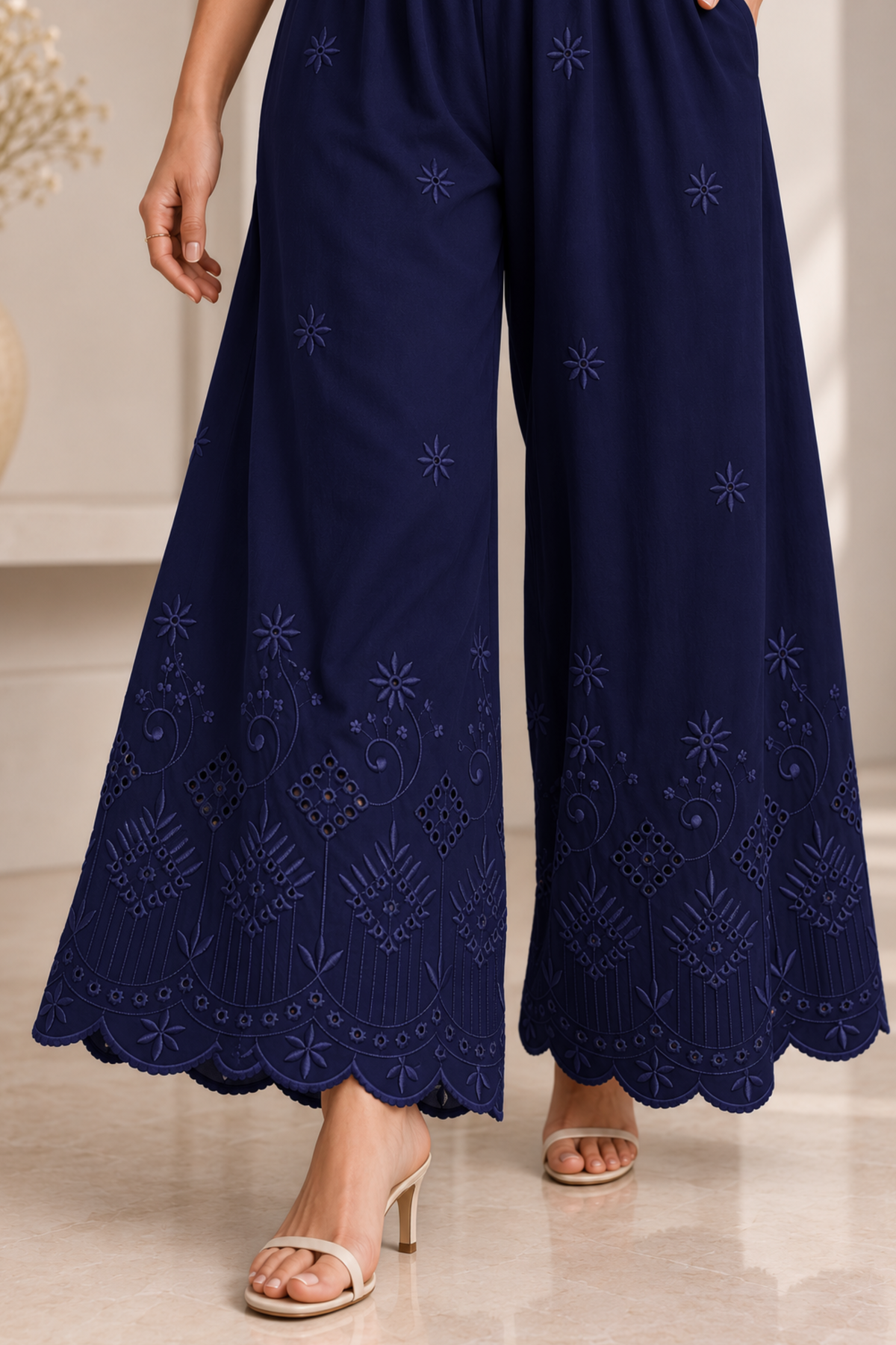 Navy Blue Chikankari Flared Palazzo Pant