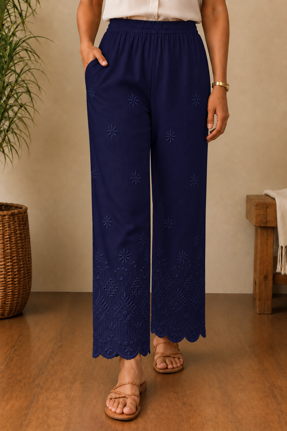 Navy Blue Chikankari Pant Palazzo