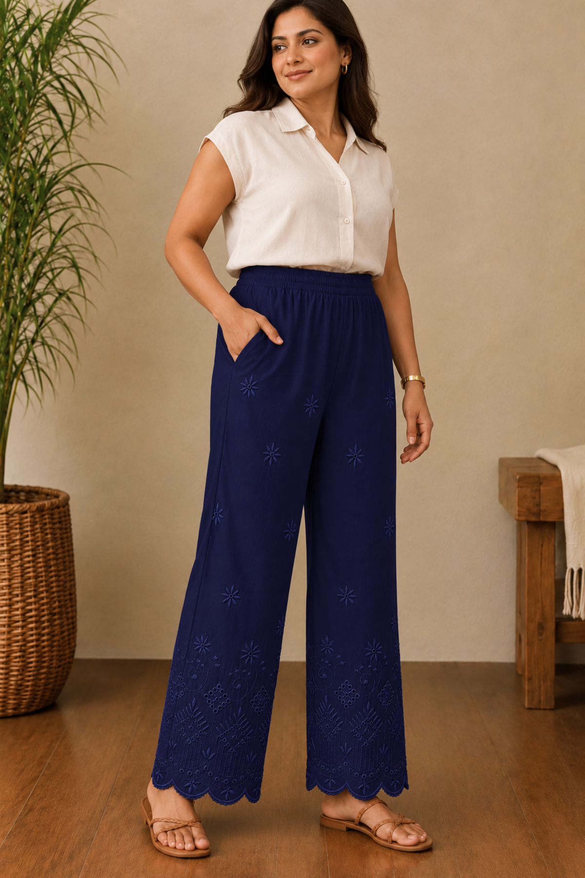Navy Blue Chikankari Pant Palazzo